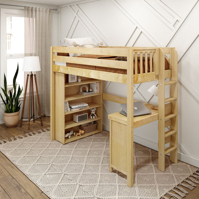 SLAM2 NS : Loft Bed Twin High Loft Bed with Straight Ladder on end, Storage + Desk, Slat, Natural