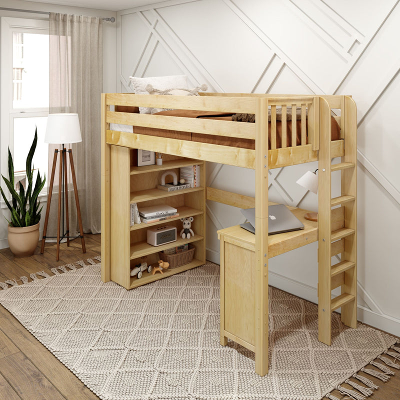 SLAM2 NS : Loft Bed Twin High Loft Bed with Straight Ladder on end, Storage + Desk, Slat, Natural