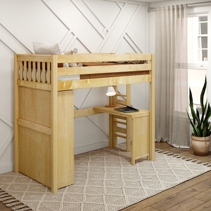 SLAM2 NS : Loft Bed Twin High Loft Bed with Straight Ladder on end, Storage + Desk, Slat, Natural