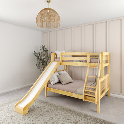 SLICK NS : Bunk Bed Classic Mid Twin over Full Bunk Bed with Slide and Angled Ladder on Front, Natural Birch Slats