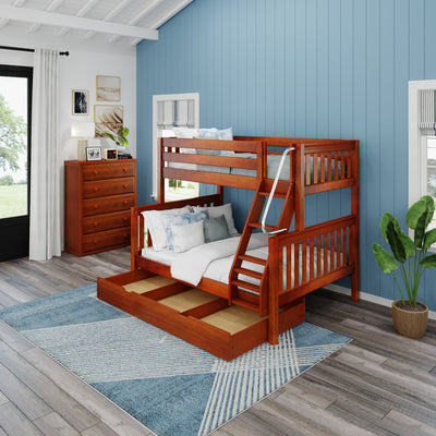 SLOPE TD CS : Staggered Bunk Beds Medium Twin over Full Bunk Bed with Trundle Drawer, Slat, Chestnut