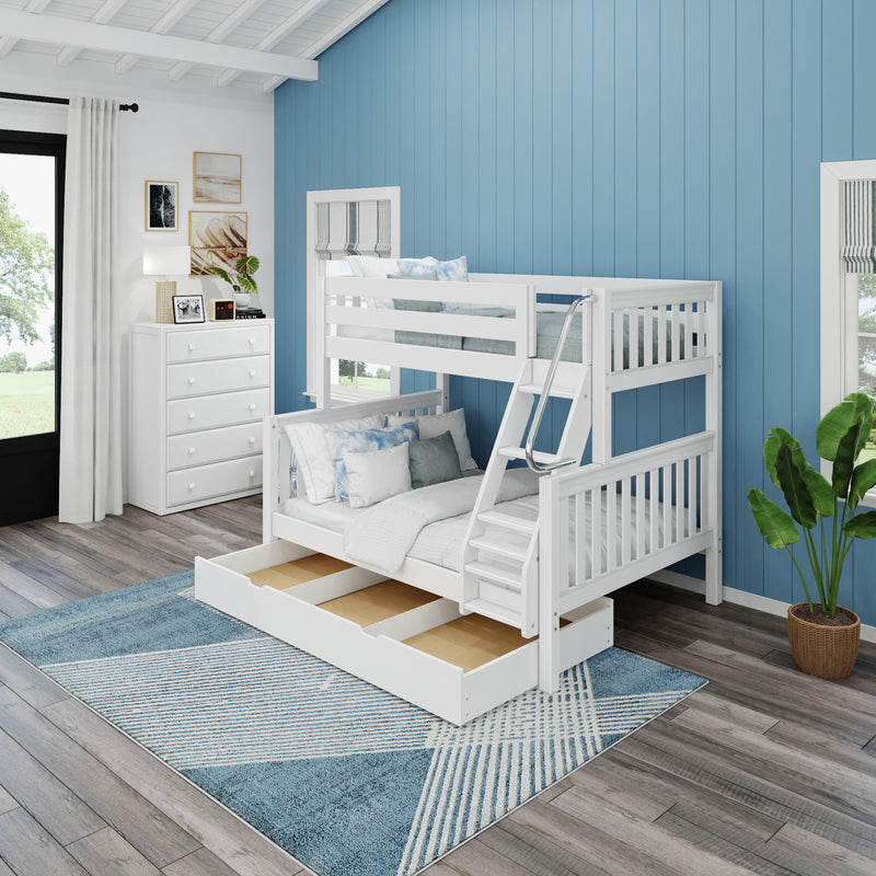 SLOPE TD WS : Staggered Bunk Beds Medium Twin over Full Bunk Bed with Trundle Drawer, Slat, White