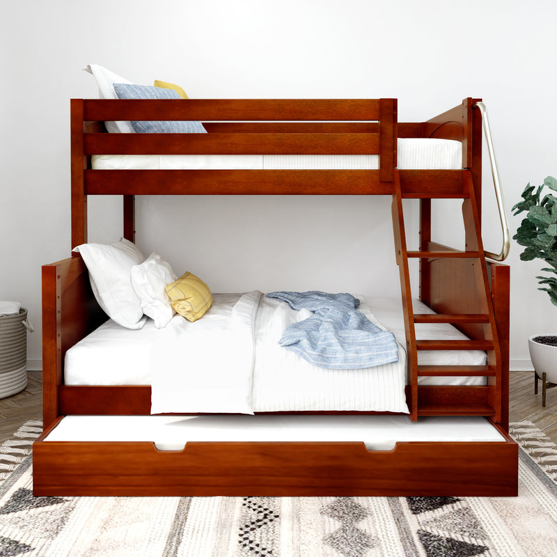 SLOPE TR CP : Bunk Bed Twin over Full Medium Bunk Bed with Angled Ladder and Trundle Bed, Panel, Chestnut
