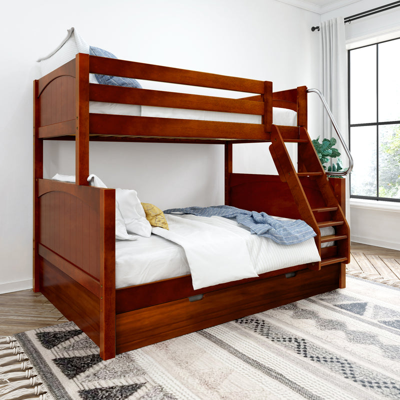 SLOPE TR CP : Bunk Bed Twin over Full Medium Bunk Bed with Angled Ladder and Trundle Bed, Panel, Chestnut