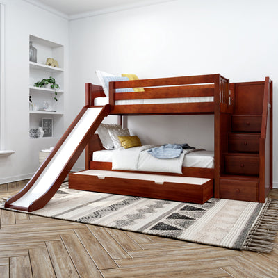 SNIGGLE TR CP : Bunk Bed Twin Low Bunk Bed with Stairs and Slide and Trundle Bed, Panel, Chestnut