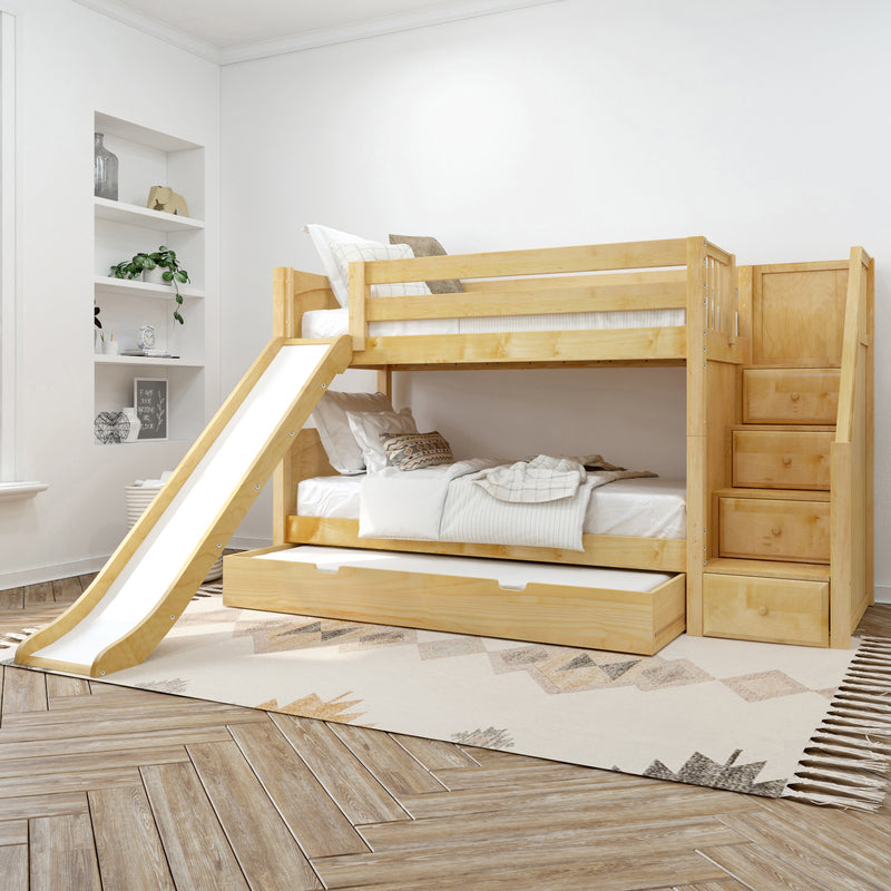 SNIGGLE TR NP : Bunk Bed Twin Low Bunk Bed with Stairs and Slide and Trundle Bed, Panel, Natural