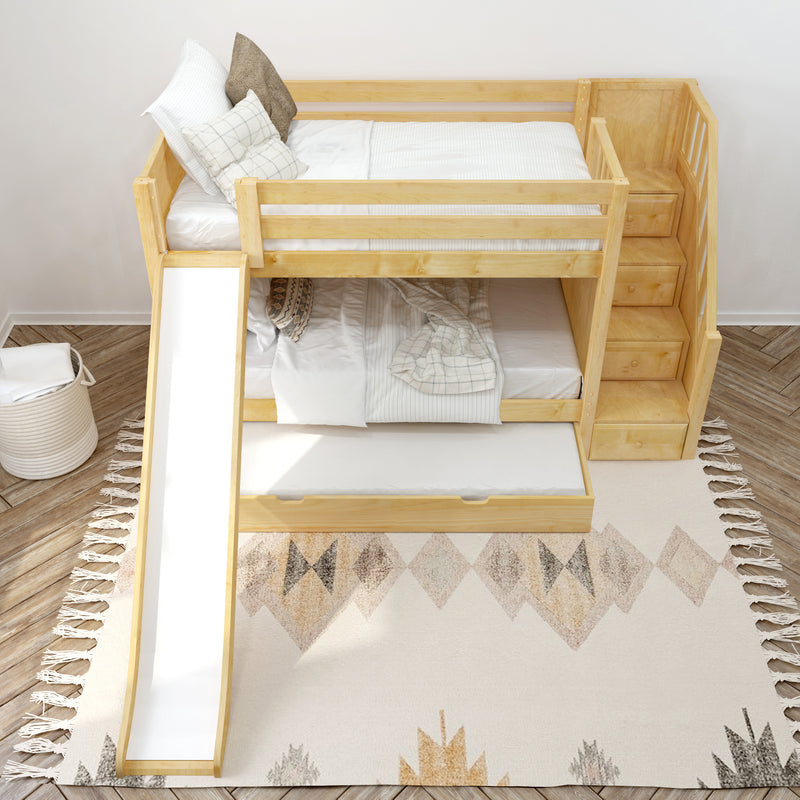 SNIGGLE TR NP : Bunk Bed Twin Low Bunk Bed with Stairs and Slide and Trundle Bed, Panel, Natural