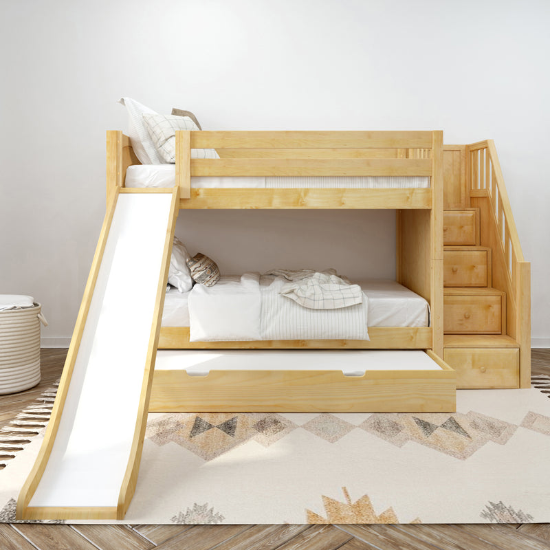 SNIGGLE TR NP : Bunk Bed Twin Low Bunk Bed with Stairs and Slide and Trundle Bed, Panel, Natural