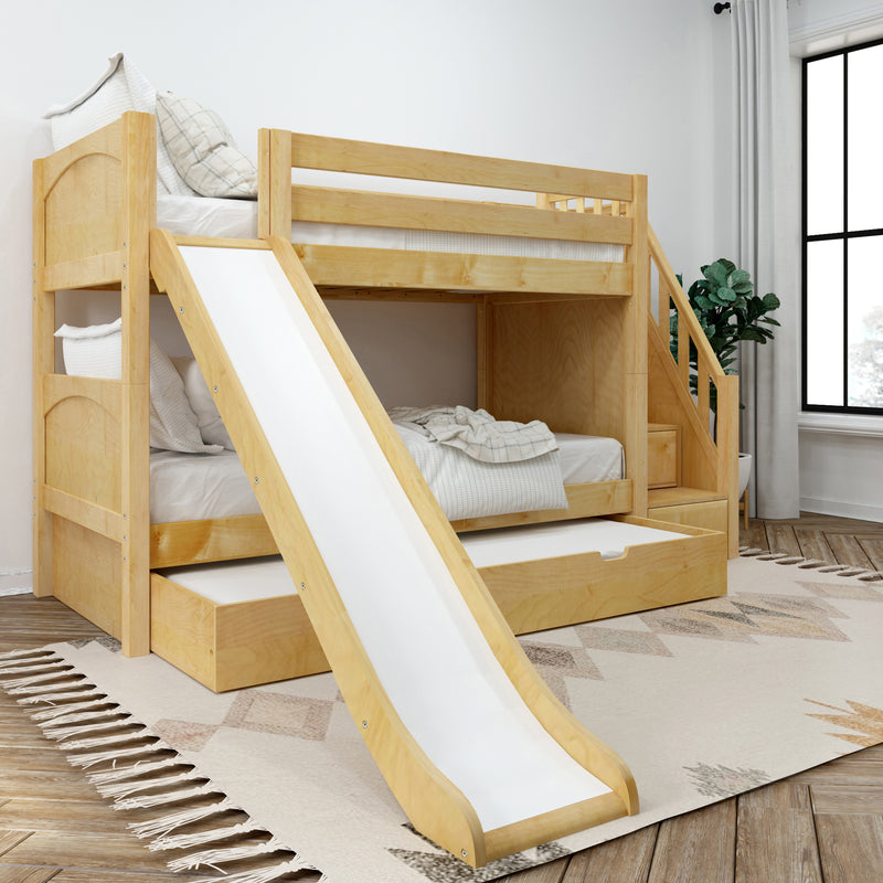 SNIGGLE TR NP : Bunk Bed Twin Low Bunk Bed with Stairs and Slide and Trundle Bed, Panel, Natural
