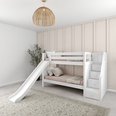 SNIGGLE WP : Bunk Bed Classic Low Twin Bunk Bed with Slide and Stairs on End, Classic White Panel