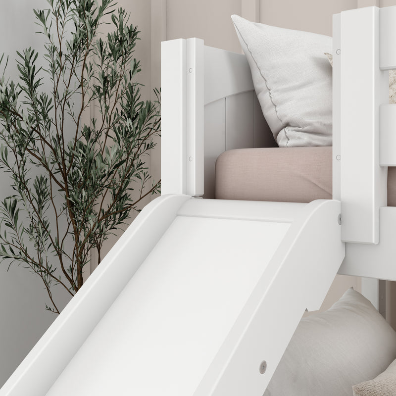 SNIGGLE WP : Bunk Bed Classic Low Twin Bunk Bed with Slide and Stairs on End, Classic White Panel