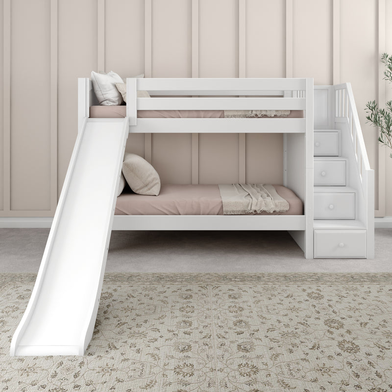 SNIGGLE WP : Bunk Bed Classic Low Twin Bunk Bed with Slide and Stairs on End, Classic White Panel