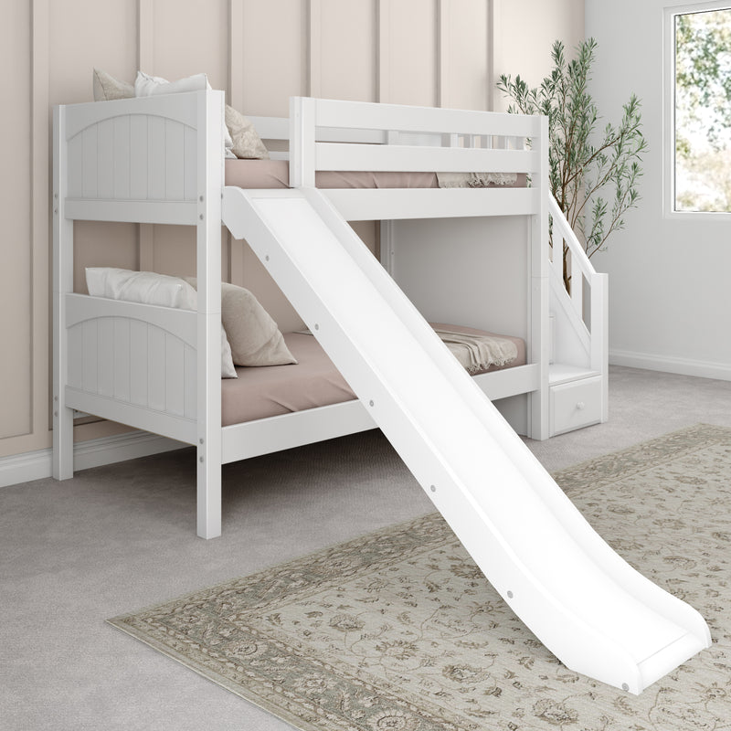 SNIGGLE WP : Bunk Bed Classic Low Twin Bunk Bed with Slide and Stairs on End, Classic White Panel