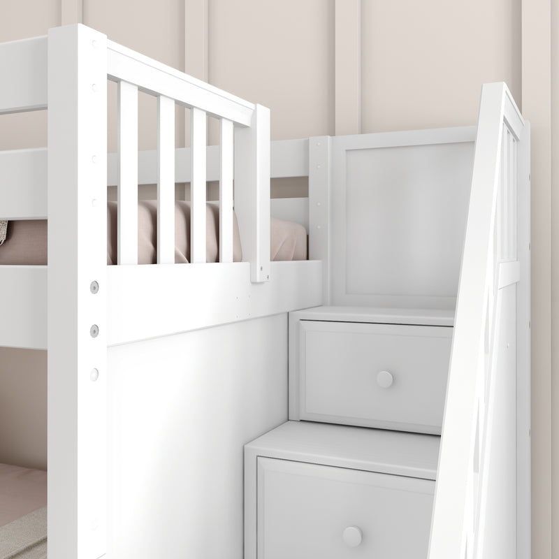 SNIGGLE WP : Bunk Bed Classic Low Twin Bunk Bed with Slide and Stairs on End, Classic White Panel