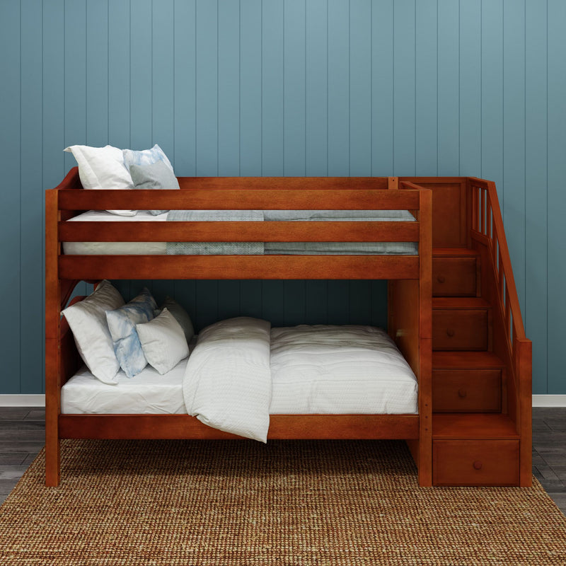 STACKER CP : Bunk Bed Classic Low Twin Bunk Bed with Stairs on End, Chestnut Panel