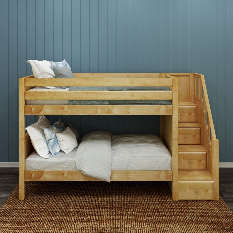 STACKER NP : Bunk Bed Classic Low Twin Bunk Bed with Stairs on End, Natural Birch Panel