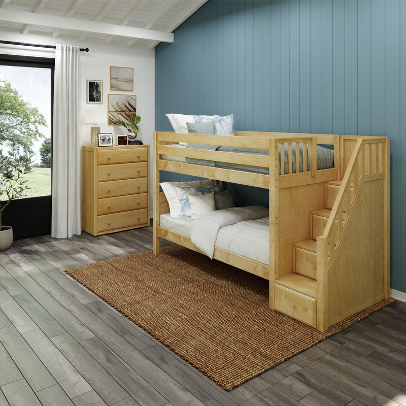 STACKER NP : Bunk Bed Classic Low Twin Bunk Bed with Stairs on End, Natural Birch Panel