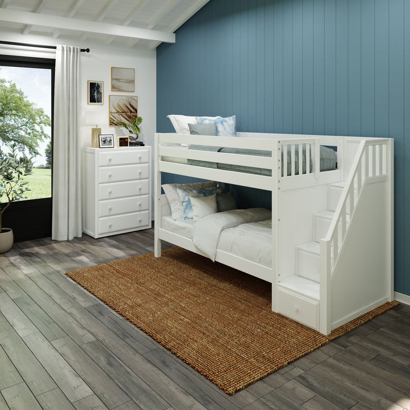 STACKER XL WP : Classic Bunk Beds Twin XL Low Bunk Bed with Stairs, Panel, White