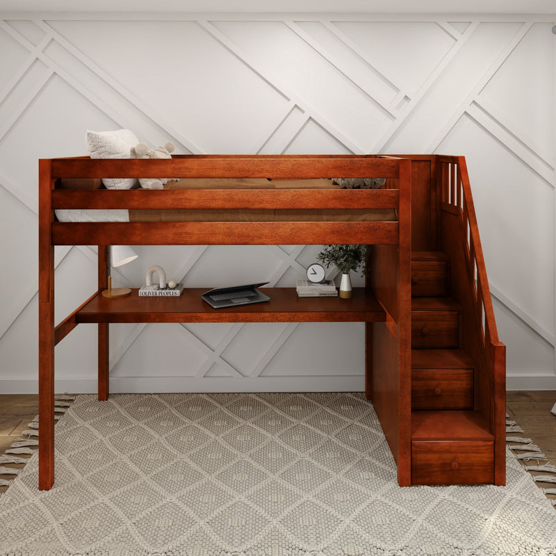 STAR11 CP : Loft Bed Twin High Loft Study Bed with Long Desk and Stairs on End, Chestnut Panel
