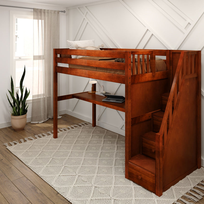 STAR11 CS : Loft Bed Twin High Loft Study Bed with Long Desk and Stairs on End, Chestnut Slats