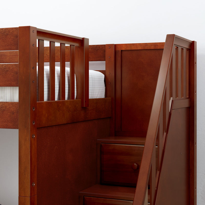 STAR11 CS : Loft Bed Twin High Loft Study Bed with Long Desk and Stairs on End, Chestnut Slats