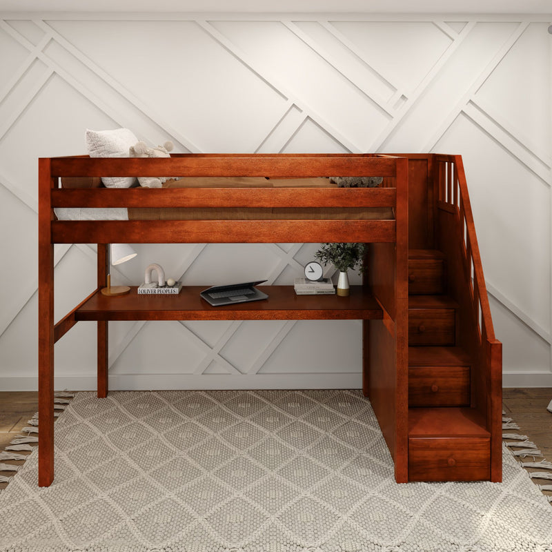 STAR11 CS : Loft Bed Twin High Loft Study Bed with Long Desk and Stairs on End, Chestnut Slats