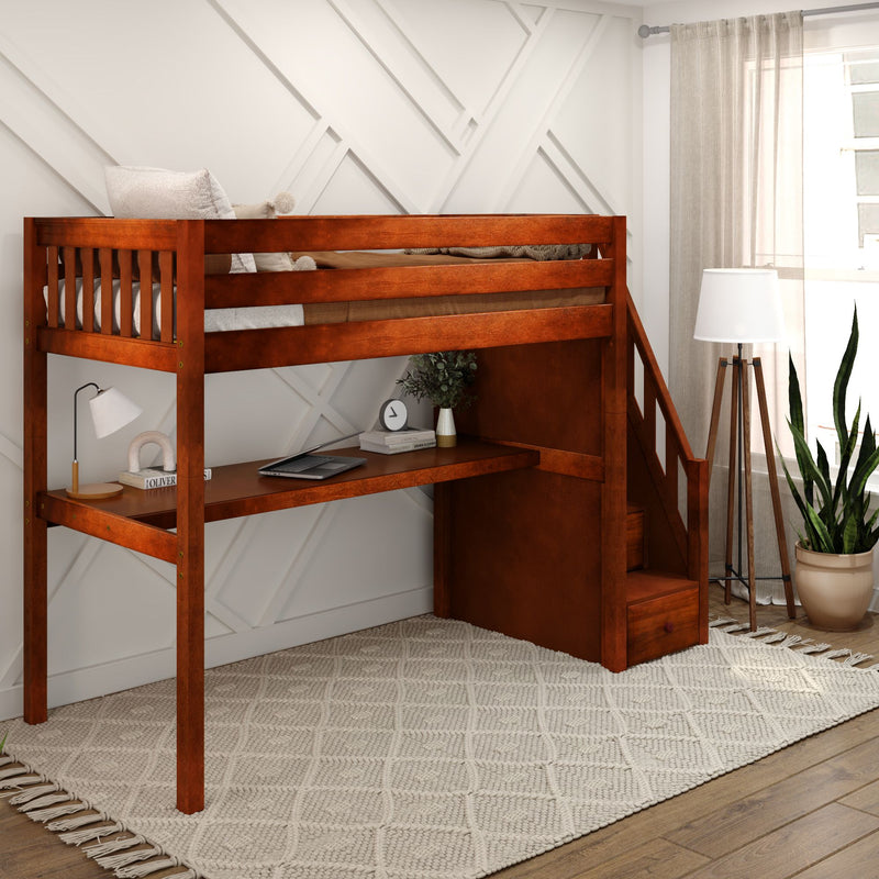 STAR11 CS : Loft Bed Twin High Loft Study Bed with Long Desk and Stairs on End, Chestnut Slats