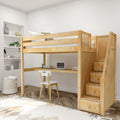 STAR11 NP : Loft Bed Twin High Loft Study Bed with Long Desk and Stairs on End, Natural Birch Panel