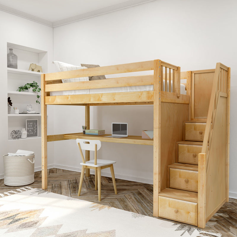 STAR11 NP : Loft Bed Twin High Loft Study Bed with Long Desk and Stairs on End, Natural Birch Panel