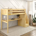 STAR11 NP : Loft Bed Twin High Loft Study Bed with Long Desk and Stairs on End, Natural Birch Panel