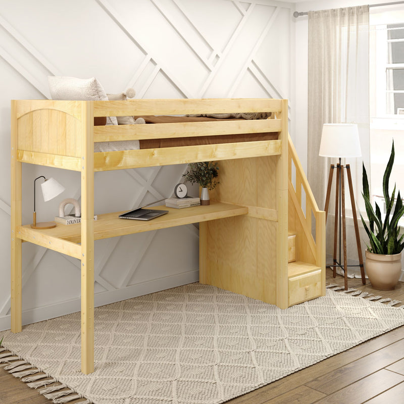 STAR11 NP : Loft Bed Twin High Loft Study Bed with Long Desk and Stairs on End, Natural Birch Panel