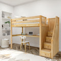 STAR11 NS : Loft Bed Twin High Loft Study Bed with Long Desk and Stairs on End, Natural Birch Slats