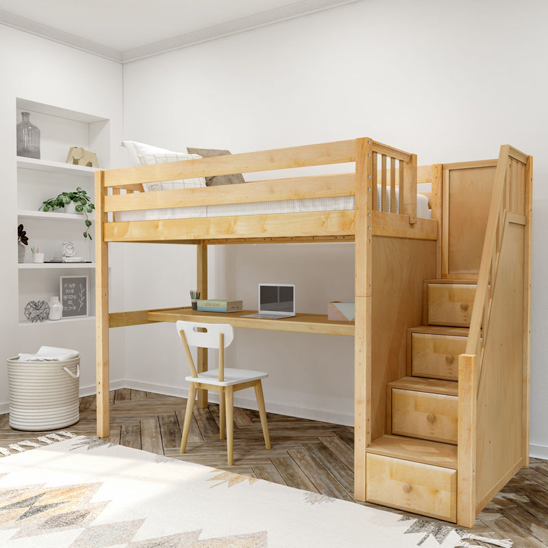 STAR11 NS : Loft Bed Twin High Loft Study Bed with Long Desk and Stairs on End, Natural Birch Slats