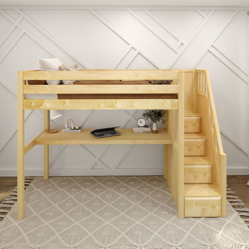 STAR11 NS : Loft Bed Twin High Loft Study Bed with Long Desk and Stairs on End, Natural Birch Slats