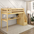 STAR11 NS : Loft Bed Twin High Loft Study Bed with Long Desk and Stairs on End, Natural Birch Slats