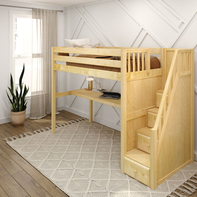 STAR11 NS : Loft Bed Twin High Loft Study Bed with Long Desk and Stairs on End, Natural Birch Slats