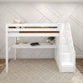 STAR11 XL WP : Loft Bed Twin XL High Loft Study Bed with Long Desk and Stairs on End, Classic White Panel