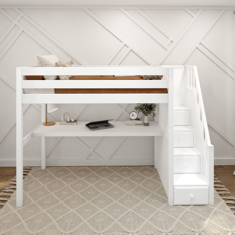 STAR11 XL WP : Loft Bed Twin XL High Loft Study Bed with Long Desk and Stairs on End, Classic White Panel