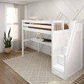 STAR11 XL WP : Loft Bed Twin XL High Loft Study Bed with Long Desk and Stairs on End, Classic White Panel