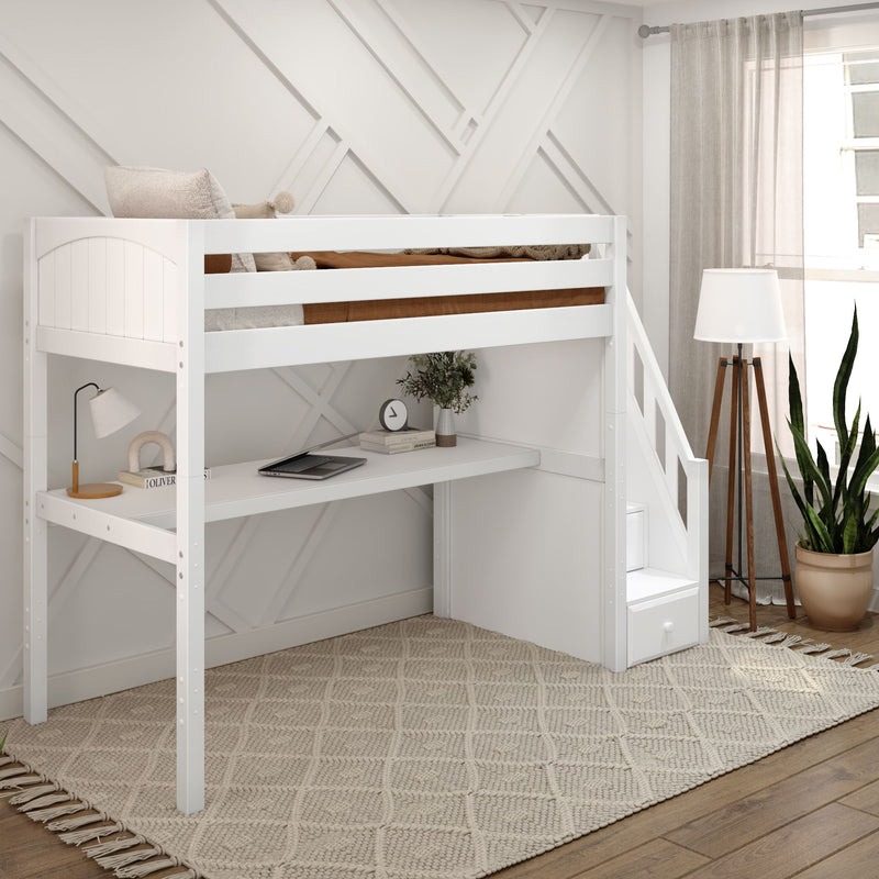STAR11 XL WP : Loft Bed Twin XL High Loft Study Bed with Long Desk and Stairs on End, Classic White Panel
