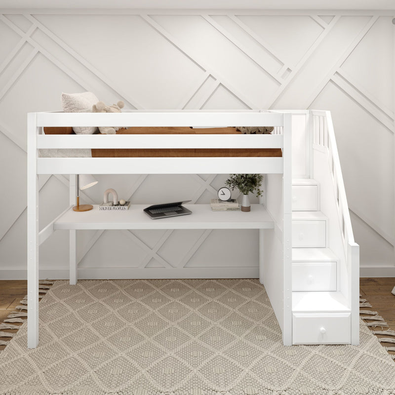 STAR11 XL WS : Loft Bed Twin XL High Loft Study Bed with Long Desk and Stairs on End, Classic White Slats