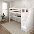STAR11 XL WS : Loft Bed Twin XL High Loft Study Bed with Long Desk and Stairs on End, Classic White Slats