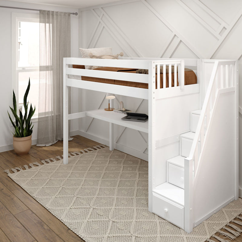 STAR11 XL WS : Loft Bed Twin XL High Loft Study Bed with Long Desk and Stairs on End, Classic White Slats