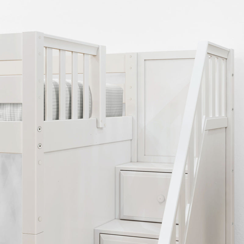 STAR11 XL WS : Loft Bed Twin XL High Loft Study Bed with Long Desk and Stairs on End, Classic White Slats