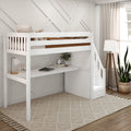STAR11 XL WS : Loft Bed Twin XL High Loft Study Bed with Long Desk and Stairs on End, Classic White Slats