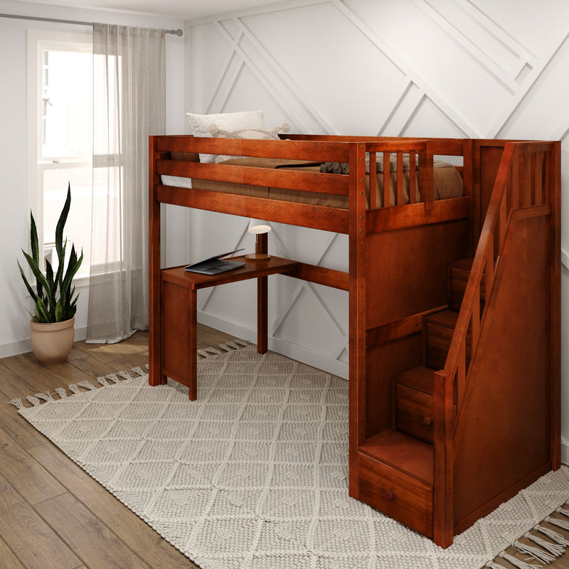 STAR15 CP : Loft Bed Twin High Loft Study Bed with Corner Desk and Stairs on End, Chestnut Panel