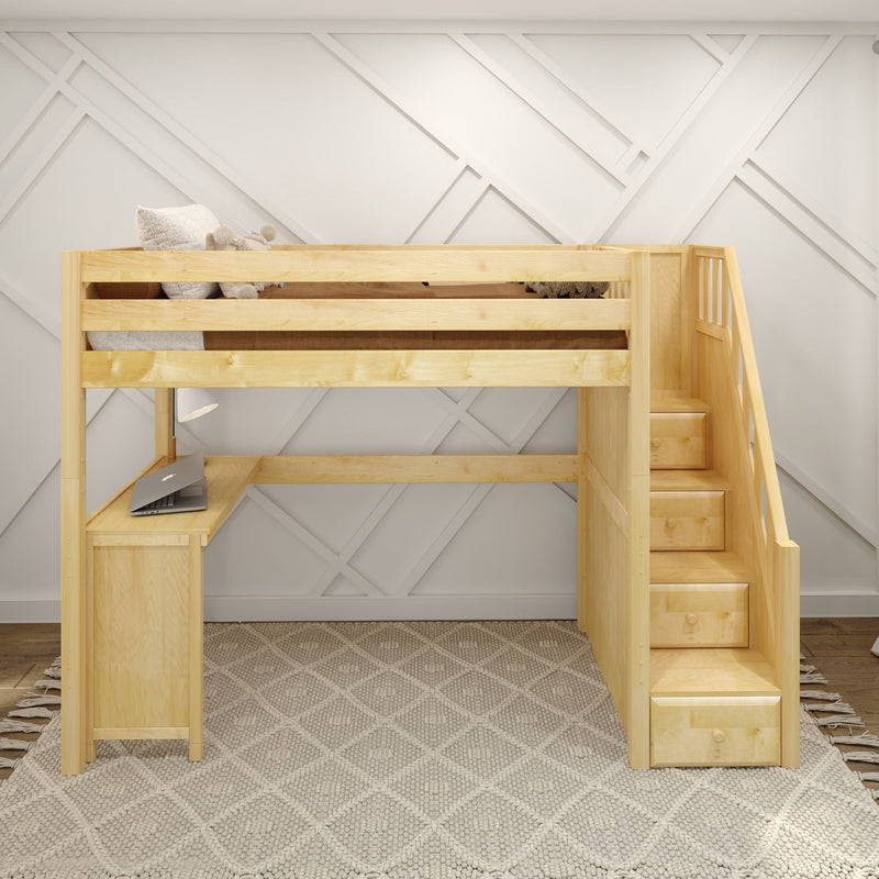 STAR15 NP : Loft Bed Twin High Loft Study Bed with Corner Desk and Stairs on End, Natural Birch Panel