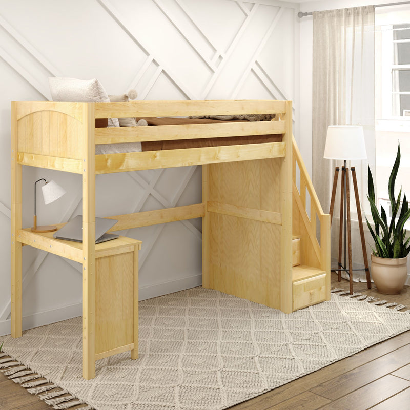 STAR15 NP : Loft Bed Twin High Loft Study Bed with Corner Desk and Stairs on End, Natural Birch Panel