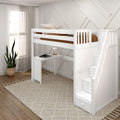 STAR15 WS : Loft Bed Twin High Loft Study Bed with Corner Desk and Stairs on End, Classic White Slats