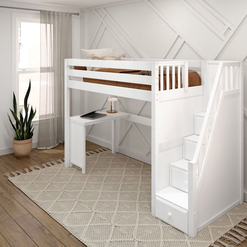 STAR15 WS : Loft Bed Twin High Loft Study Bed with Corner Desk and Stairs on End, Classic White Slats